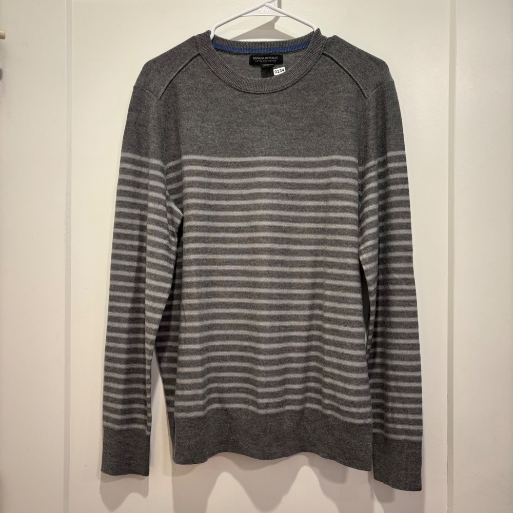 Banana Republic Mens Gray Extra Fine Merino‎ Wool Striped Crewneck Sweater Large